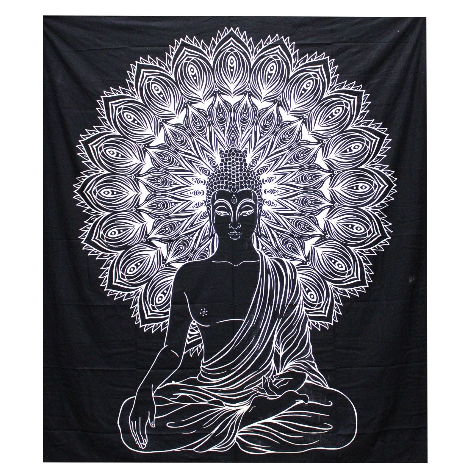 Black and White Double Cotton Bedspread + Wall Hanging - Buddha - Luna Panther