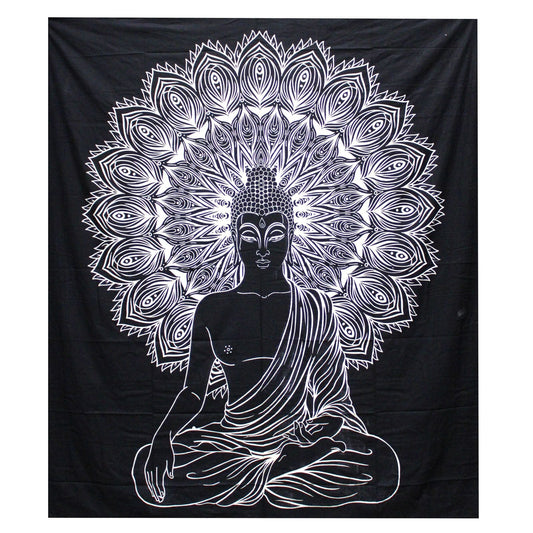 Black and White Double Cotton Bedspread + Wall Hanging - Buddha - Luna Panther