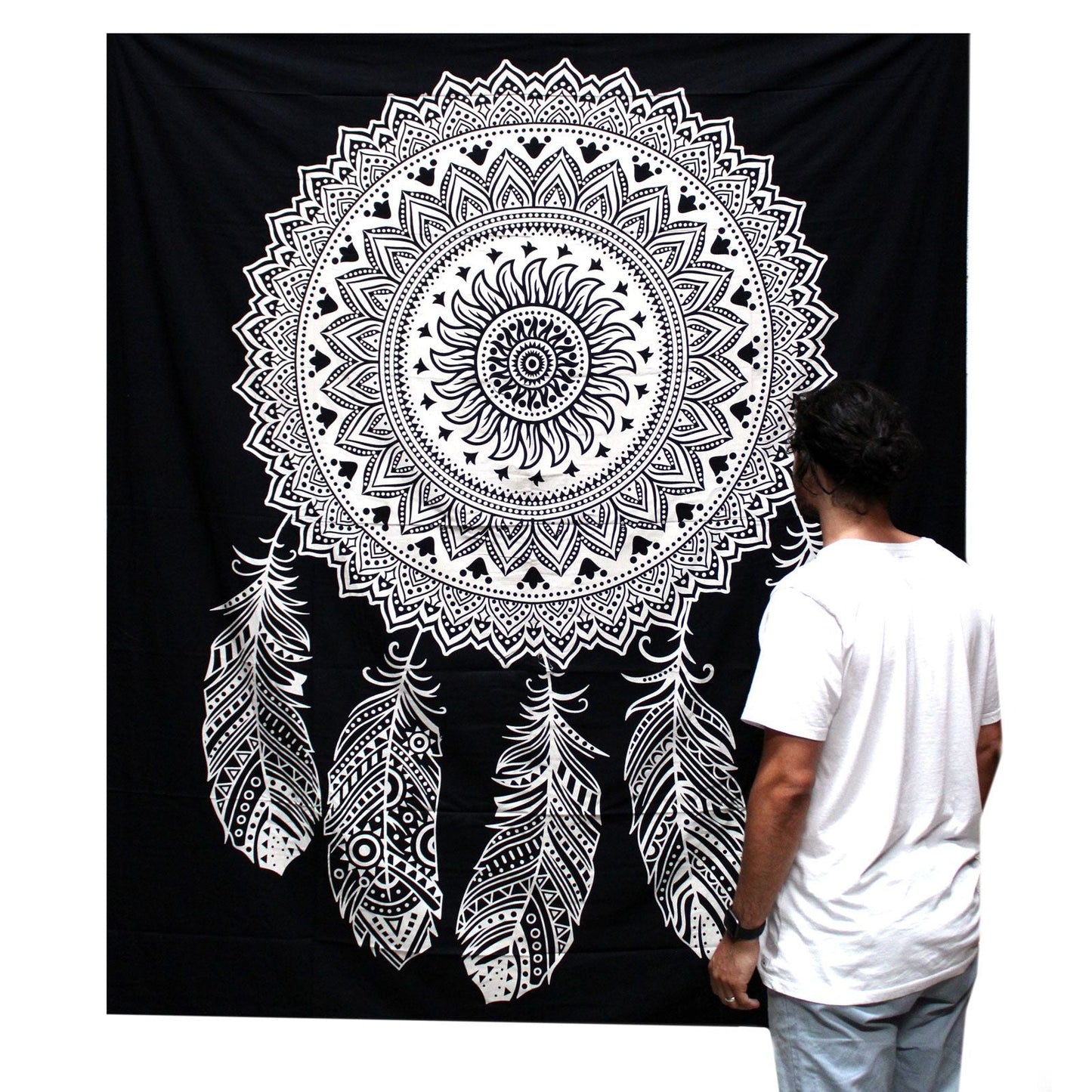 Black and White Double Cotton Bedspread + Wall Hanging - Dreamcatcher - Luna Panther
