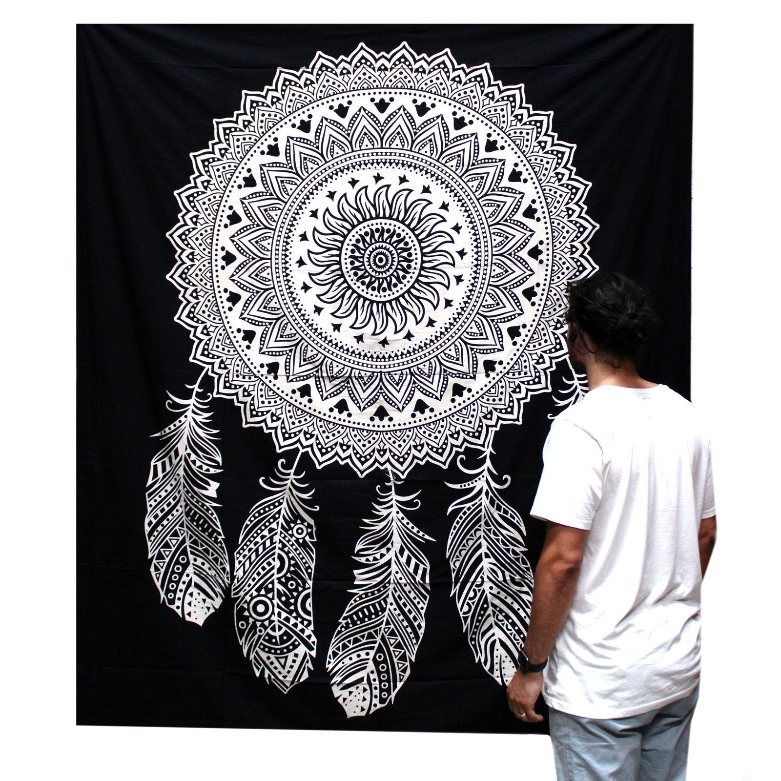 Black and White Double Cotton Bedspread + Wall Hanging - Dreamcatcher - Luna Panther