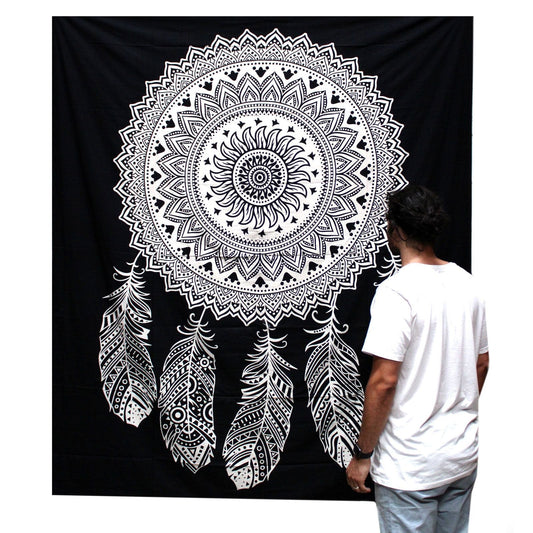 Black and White Double Cotton Bedspread + Wall Hanging - Dreamcatcher - Luna Panther alternate view
