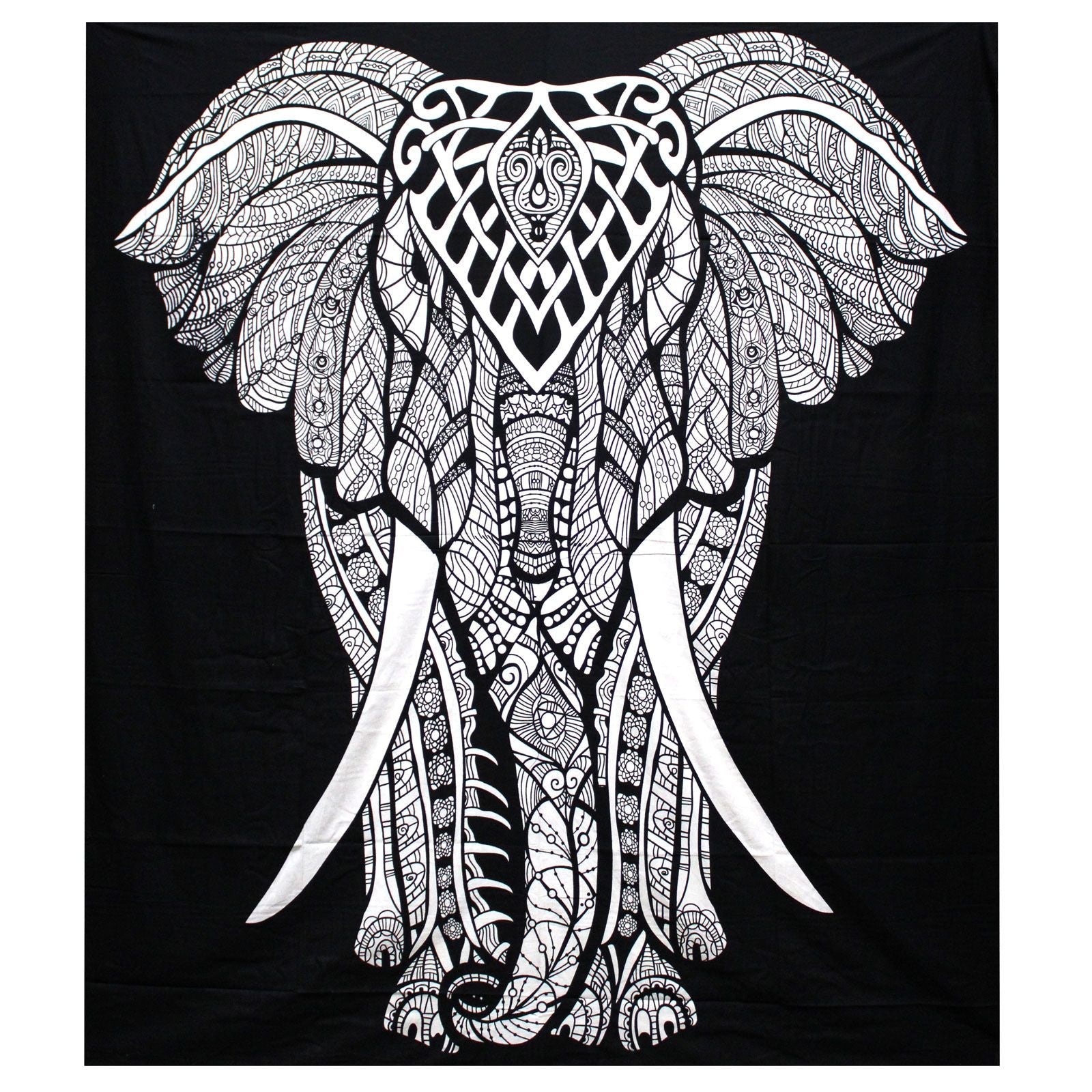 Black and White Double Cotton Bedspread + Wall Hanging - Elephant - Luna Panther