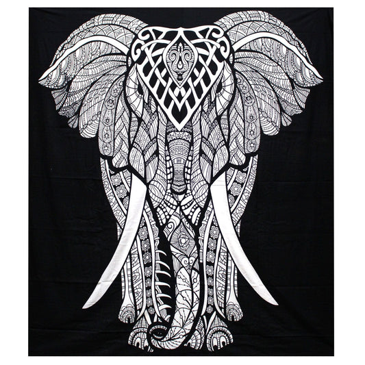 Black and White Double Cotton Bedspread + Wall Hanging - Elephant - Luna Panther
