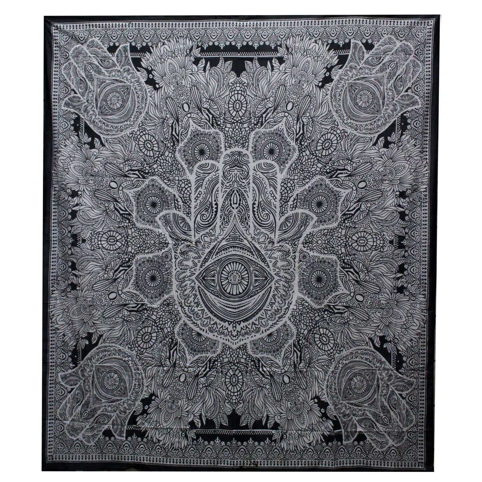 Black and White Double Cotton Bedspread + Wall Hanging - Hamsa - Luna Panther