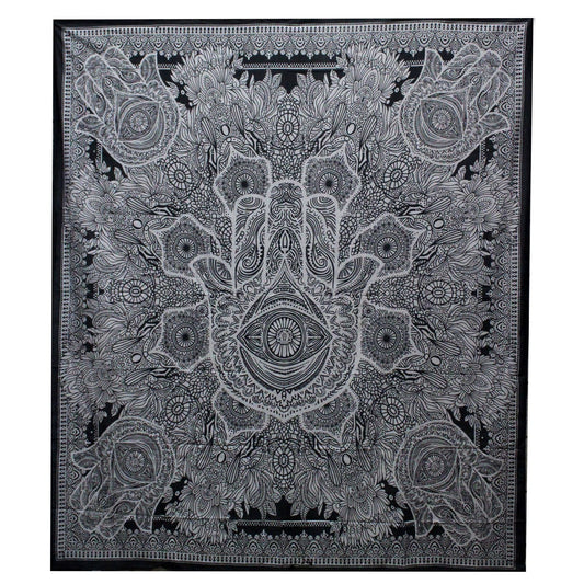 Black and White Double Cotton Bedspread + Wall Hanging - Hamsa - Luna Panther