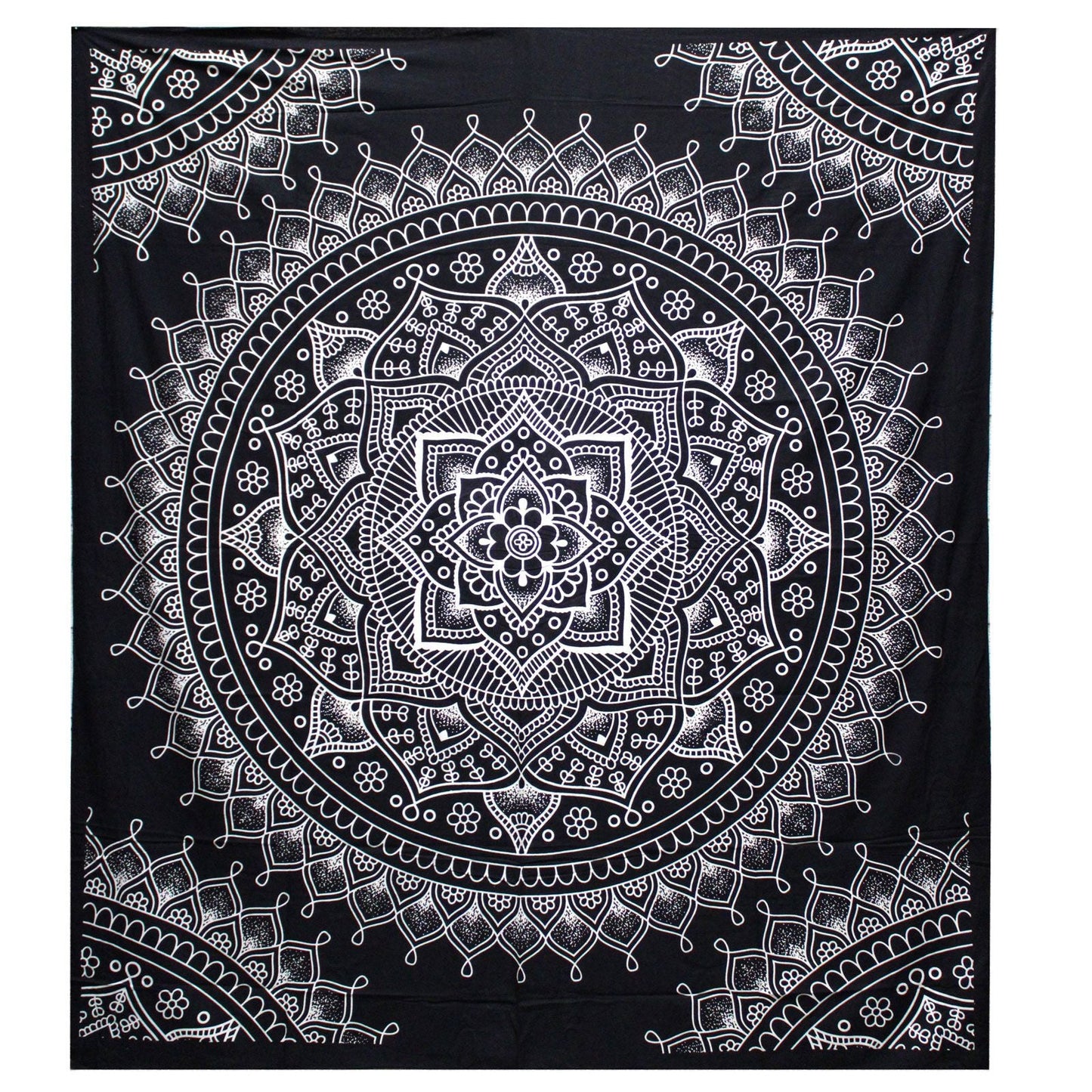 Black and White Double Cotton Bedspread + Wall Hanging - Lotus Flower - Luna Panther