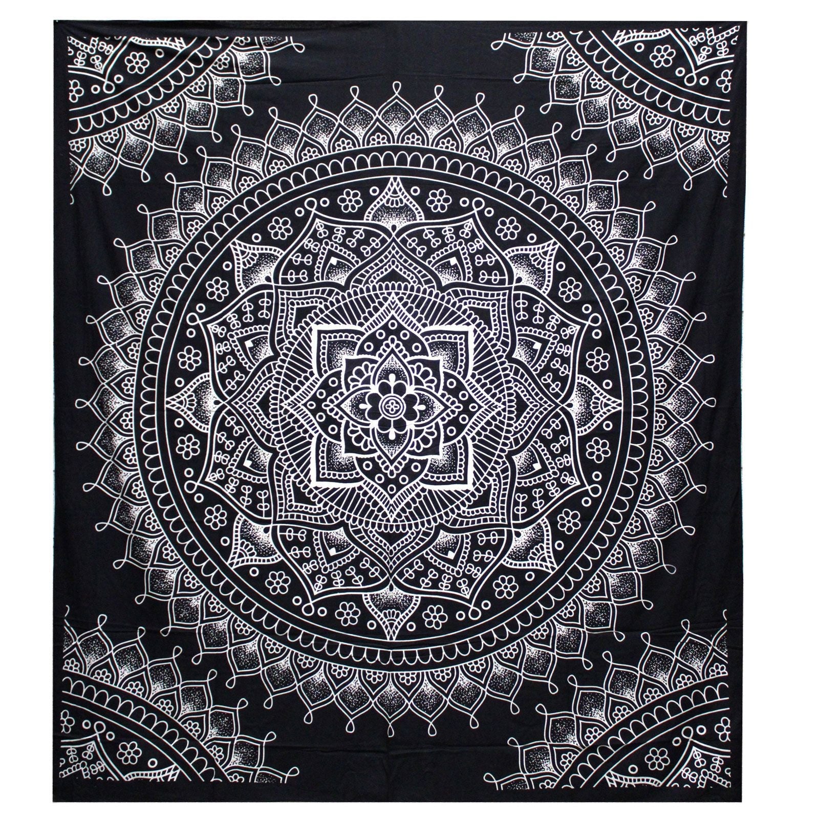 Black and White Double Cotton Bedspread + Wall Hanging - Lotus Flower - Luna Panther