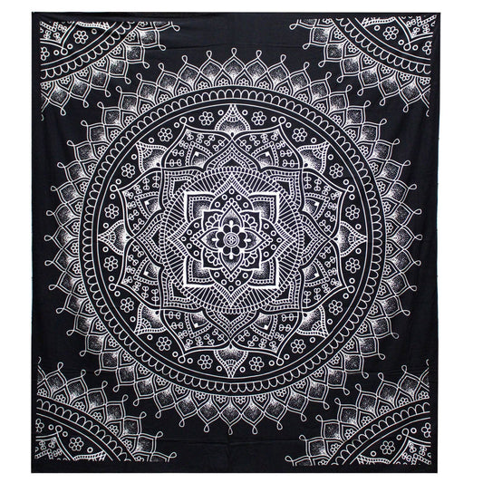 Black and White Double Cotton Bedspread + Wall Hanging - Lotus Flower - Luna Panther