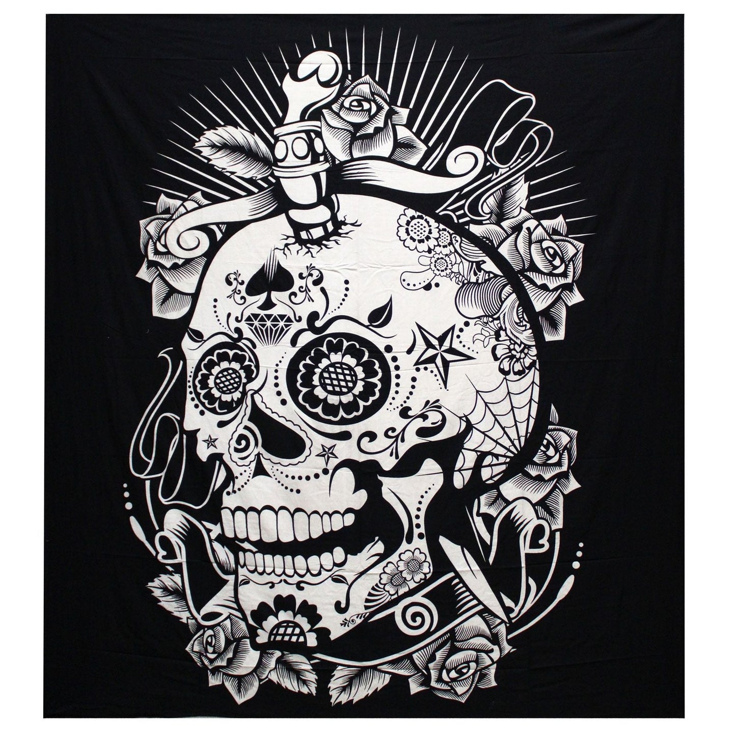 Black and White Double Cotton Bedspread + Wall Hanging - Rose Skull - Luna Panther