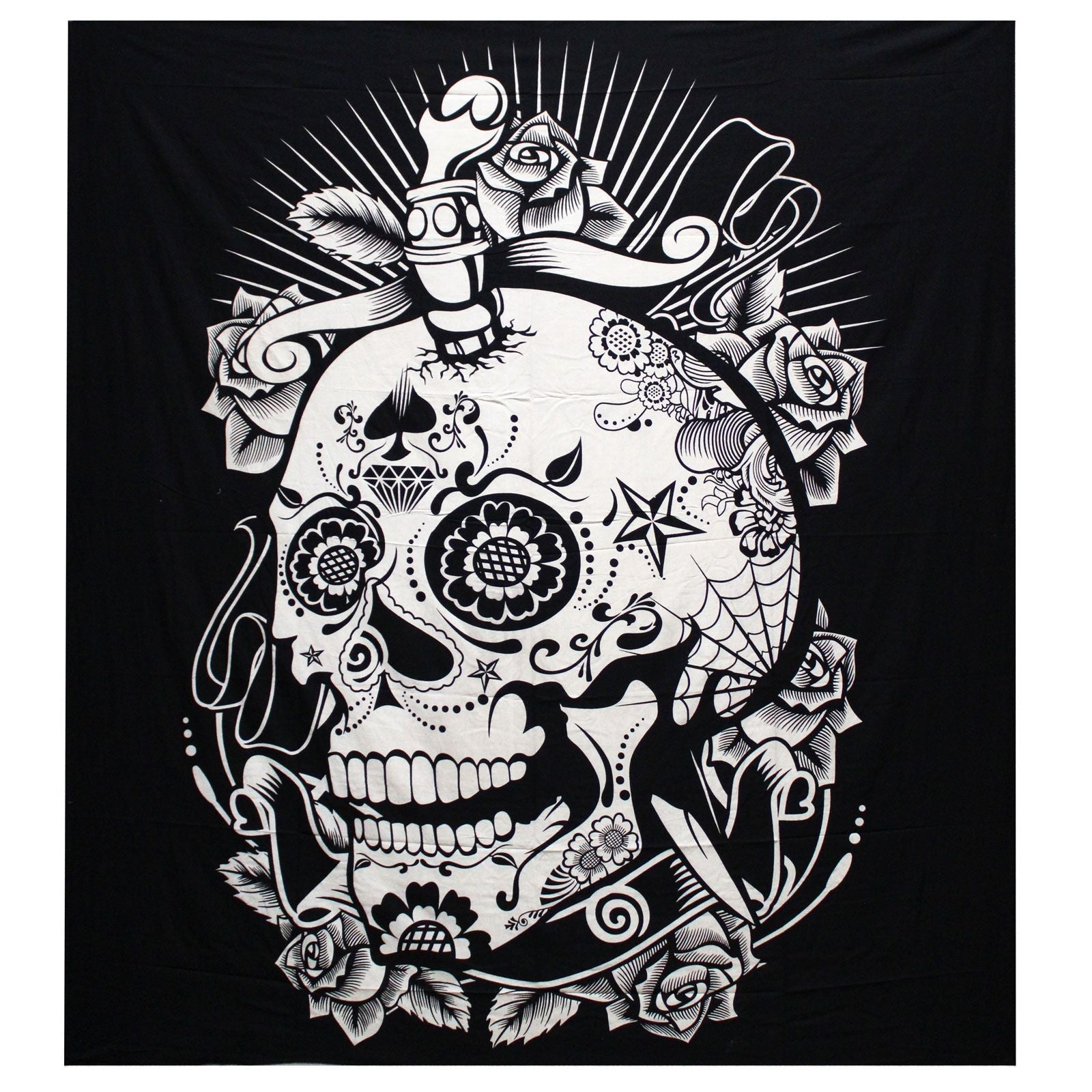 Black and White Double Cotton Bedspread + Wall Hanging - Rose Skull - Luna Panther