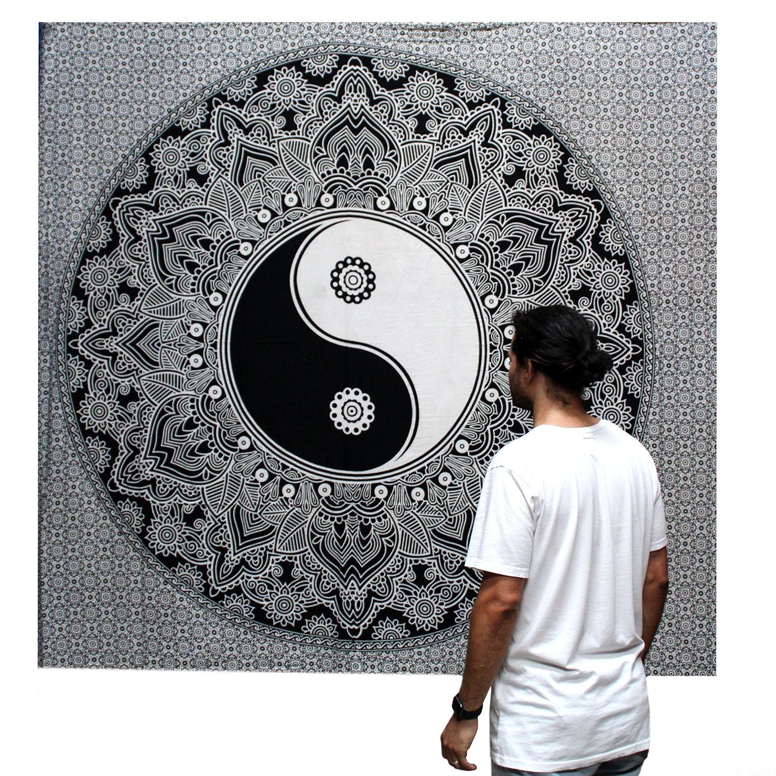 Black and White Double Cotton Bedspread + Wall Hanging - Yin Yang - Luna Panther