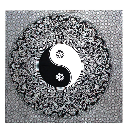 Black and White Double Cotton Bedspread + Wall Hanging - Yin Yang - Luna Panther