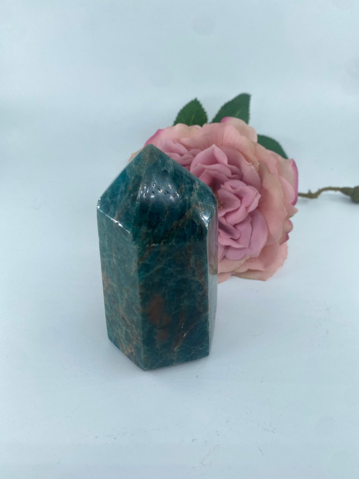 Polished Blue Apatite polished Tower 280grams featuring teal-blue tone and crystalline depth - Luna Panther