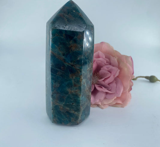 Polished Blue Apatite polished Tower 340grams featuring teal-blue tone and crystalline depth - Luna Panther