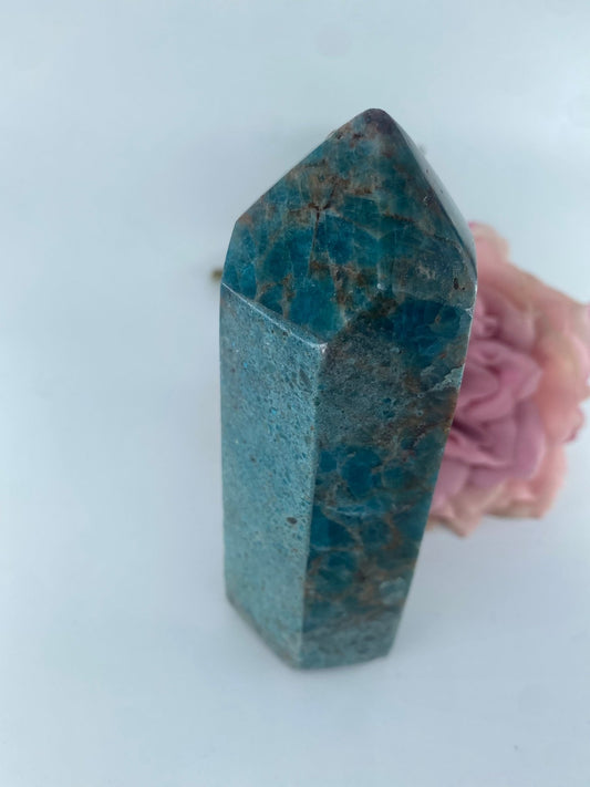 Polished Blue Apatite polished Tower 348grams featuring teal-blue tone and crystalline depth - Luna Panther