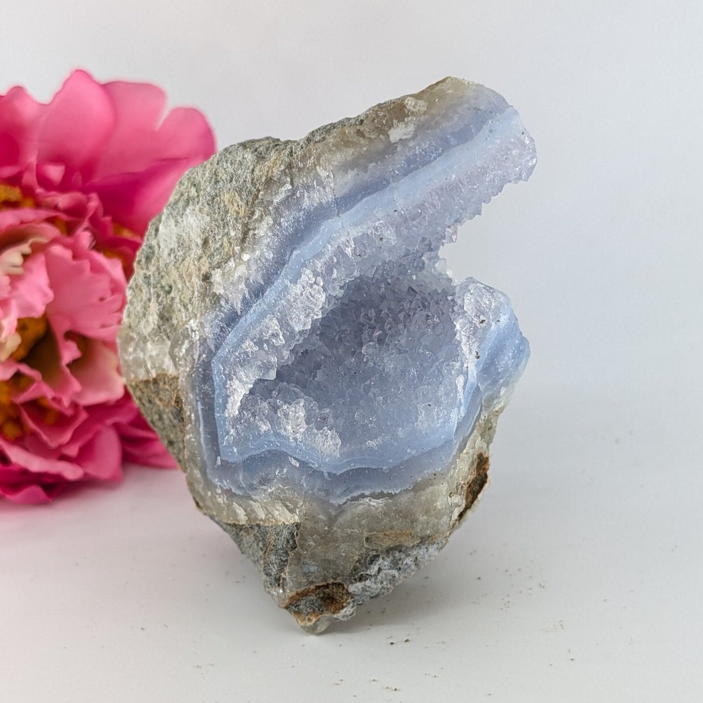 Natural Blue Lace Agate Geode Specimen 330g featuring pale blue banding and soft translucence - Luna Panther