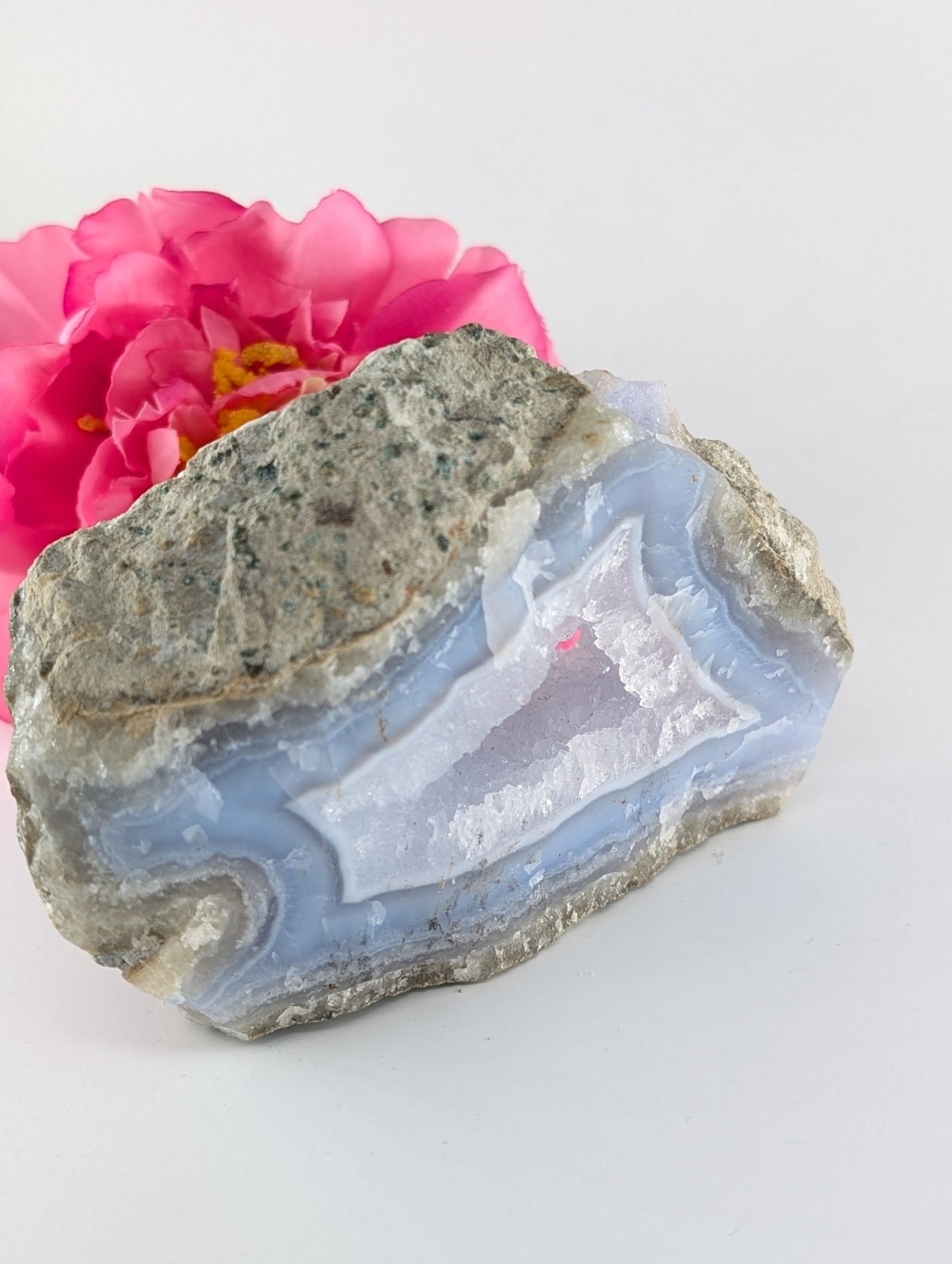 Natural Blue Lace Agate Geode Specimen 422g featuring pale blue banding and soft translucence - Luna Panther