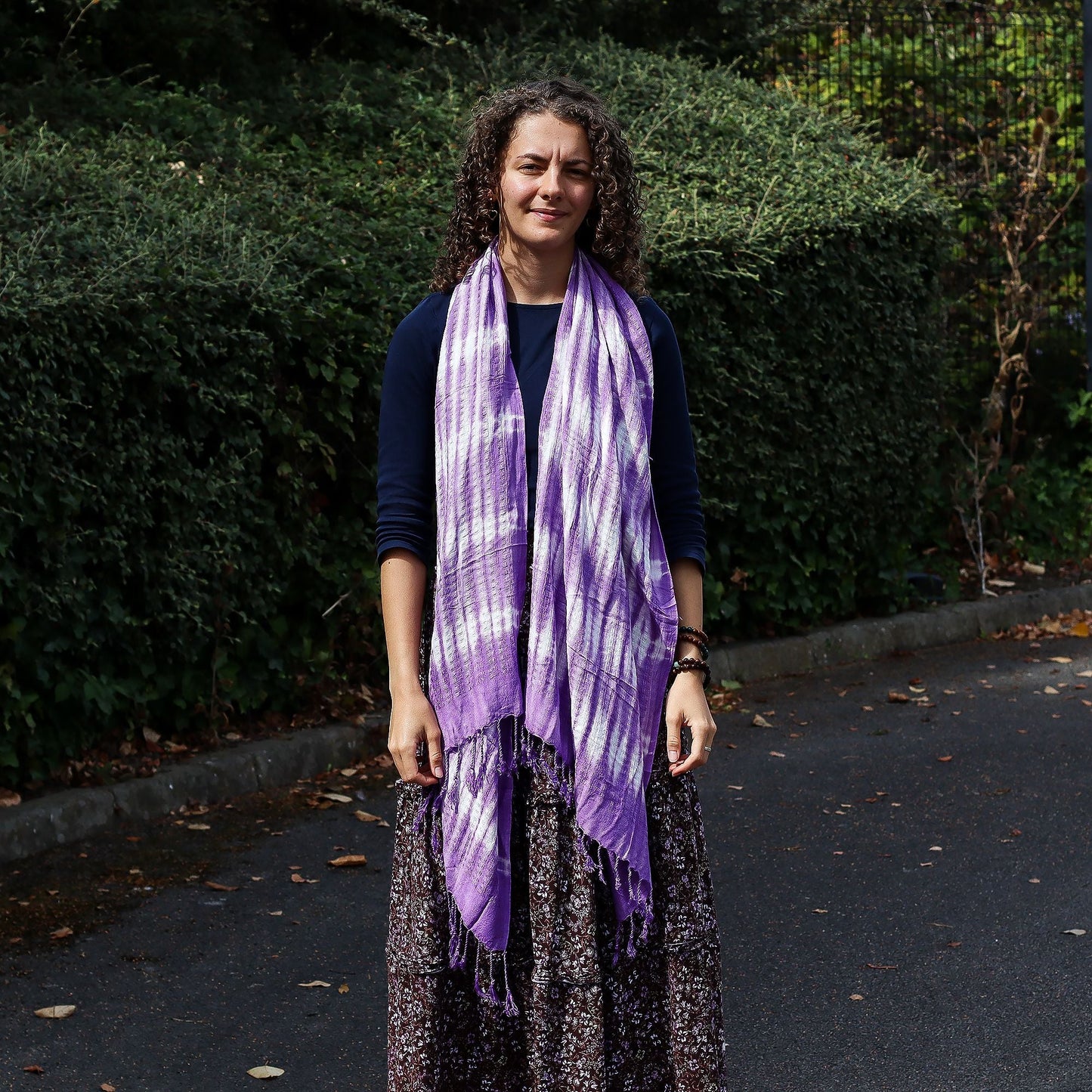 Boho Java Art Stole/Scarf - Lavender Stripes & Motif - 62x200cm - Luna Panther
