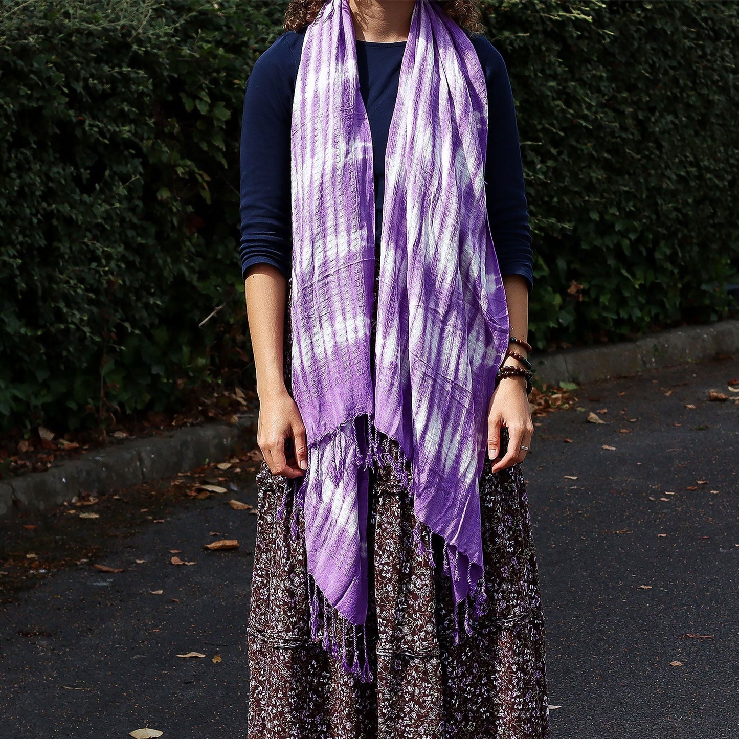 Boho Java Art Stole/Scarf - Lavender Stripes & Motif - 62x200cm - Luna Panther