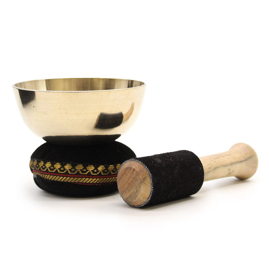 Polished Brass Singing Bowl Gift Set - 9cm featuring natural patterning and unique variations - Luna Panther