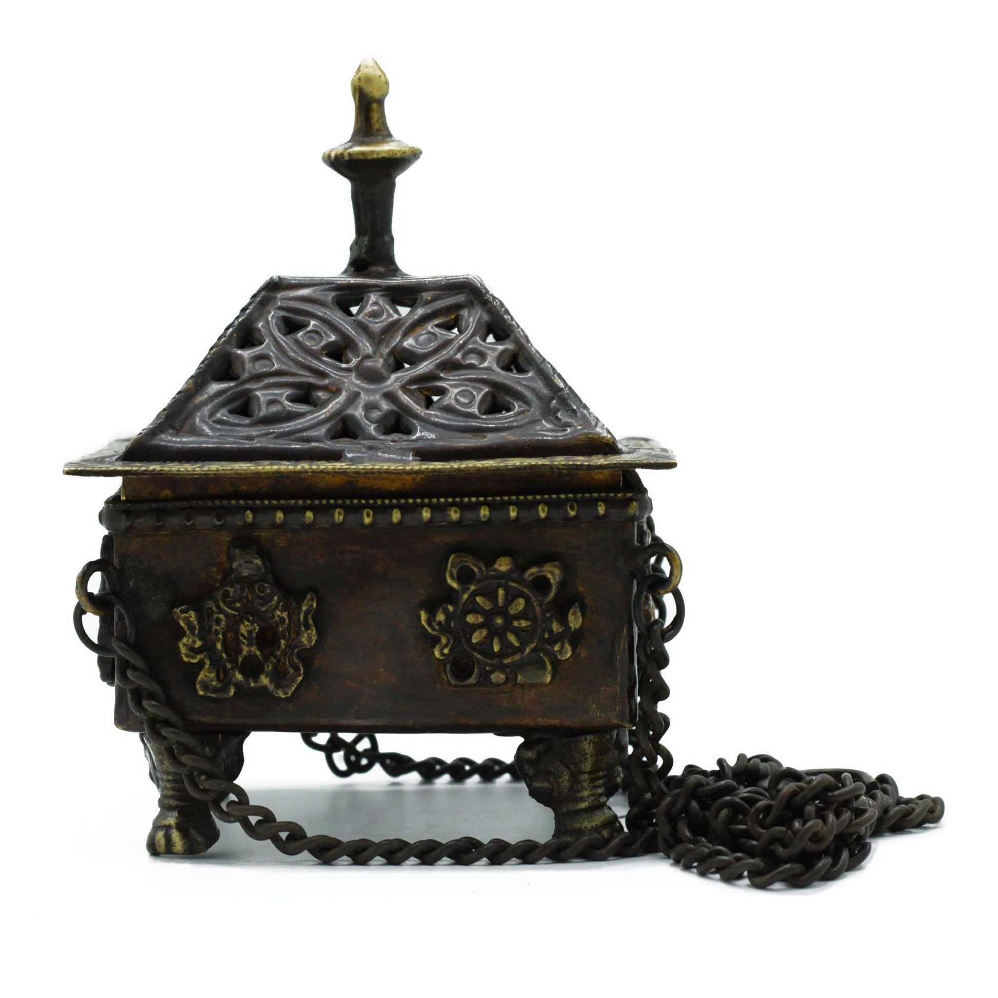 Polished Brass Tibetan Burner - Eight Symbols Square Hanging Pot featuring natural patterning and unique variations - Luna Panther