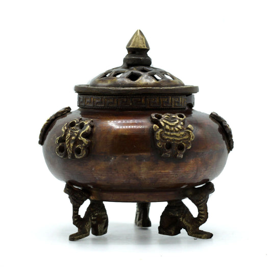 Polished Brass Tibetan Incense Burner - Six Symbols Standing Pot featuring natural patterning and unique variations - Luna Panther