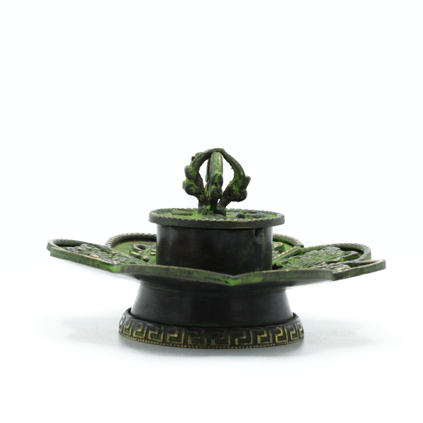 Polished Brass Verdigris Tibetan Cone & Incense Holder - Eight Symbols featuring natural patterning and unique variations - Luna Panther