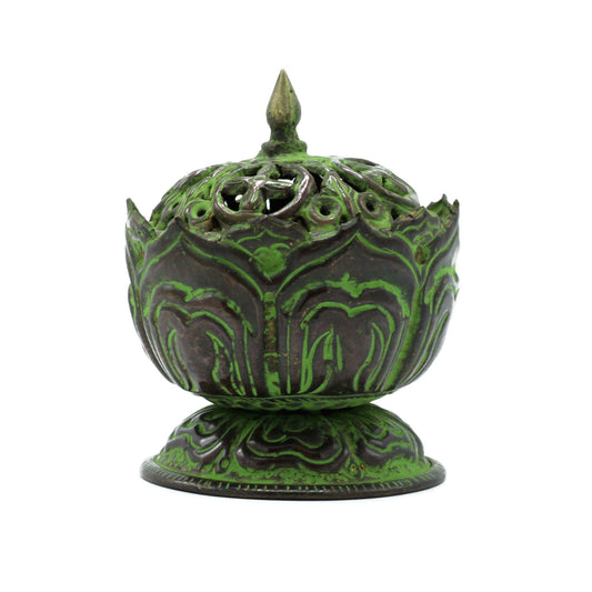 Polished Brass Verdigris Tibetan Incense Burner - Small Lotus featuring natural patterning and unique variations - Luna Panther
