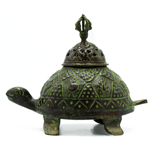 Polished Brass Verdigris Tibetan Turtle Incense Holder - Lrg featuring natural patterning and unique variations - Luna Panther