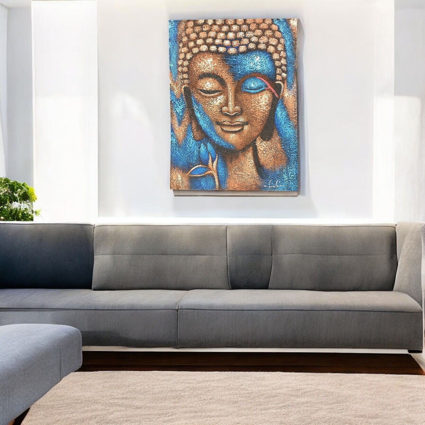 Buddha Painting - Bronze & Blue Flower 75x55cm - Luna Panther