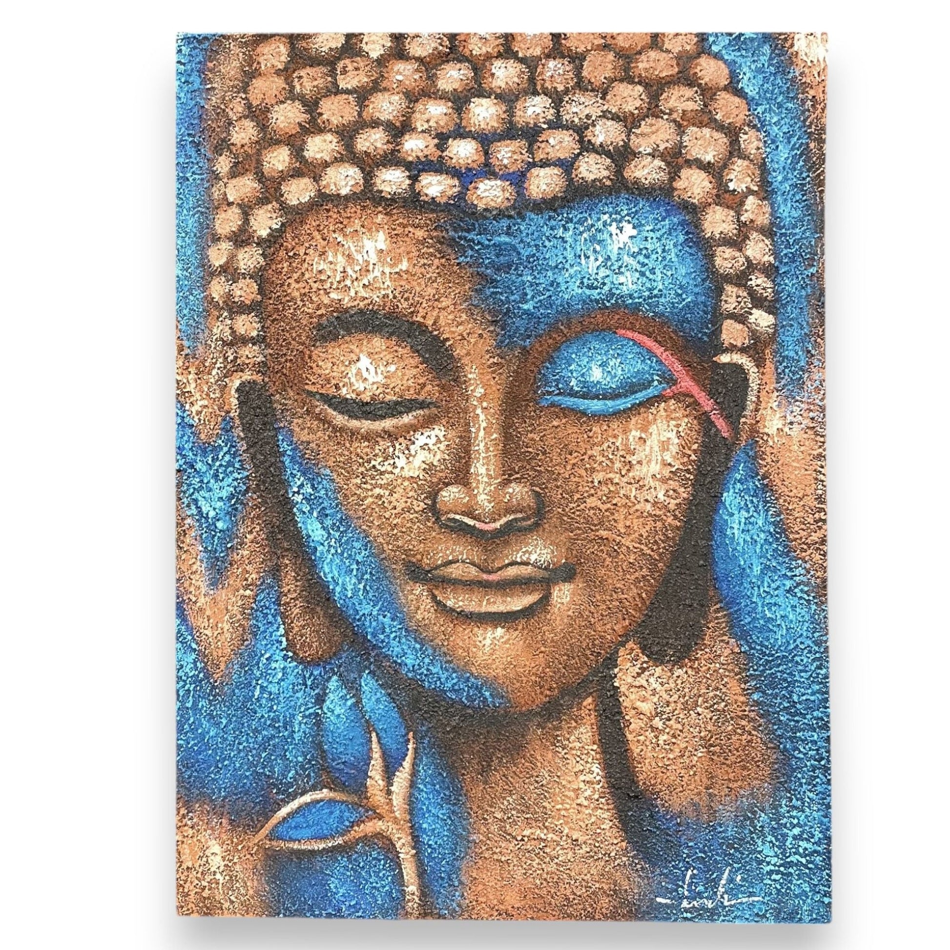Buddha Painting - Bronze & Blue Flower 75x55cm - Luna Panther