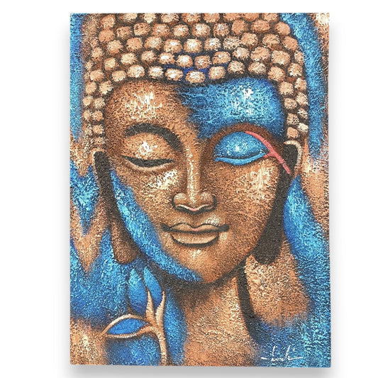 Buddha Painting - Bronze & Blue Flower 75x55cm - Luna Panther