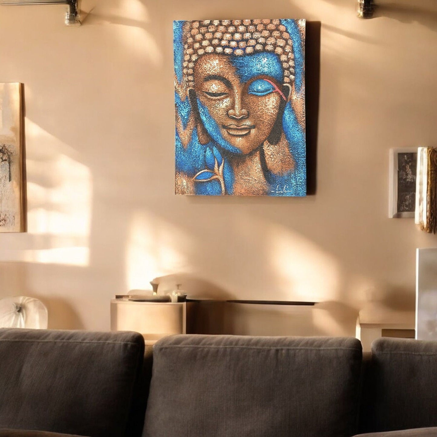 Buddha Painting - Bronze & Blue Flower 75x55cm - Luna Panther