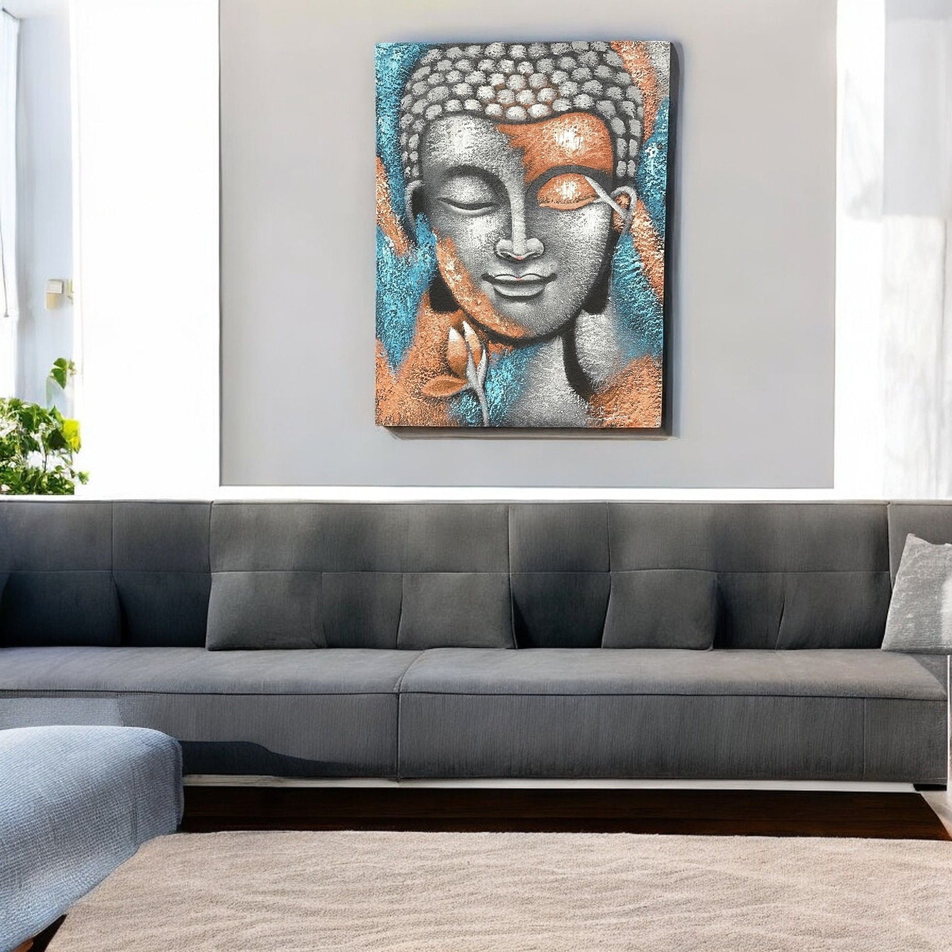 Buddha Painting - Silver & Rose Gold Flower 75x55cm - Luna Panther