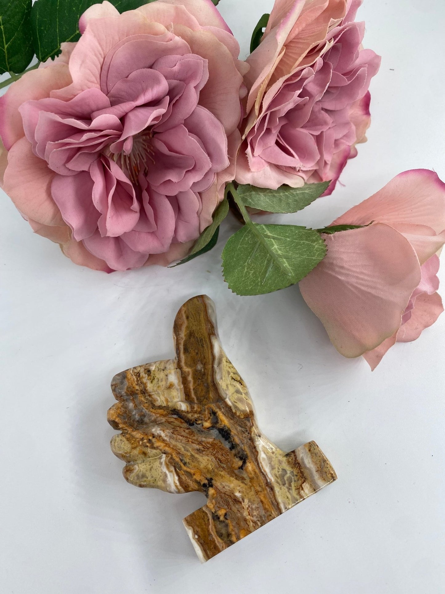 Polished Bumblebee Calcite Thumbs Up featuring soft translucent tone and gentle sheen - Luna Panther