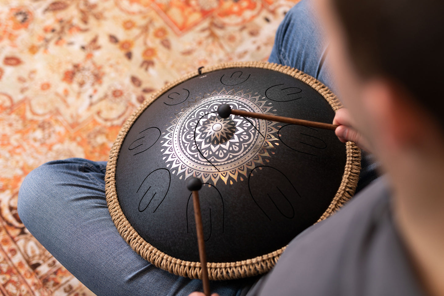 MEINL Sonic Energy Octave Steel Tongue Drum 16" - D Kurd/9 Notes/440 Hz - Lasered Floral Design detail view 4 at Luna Panther