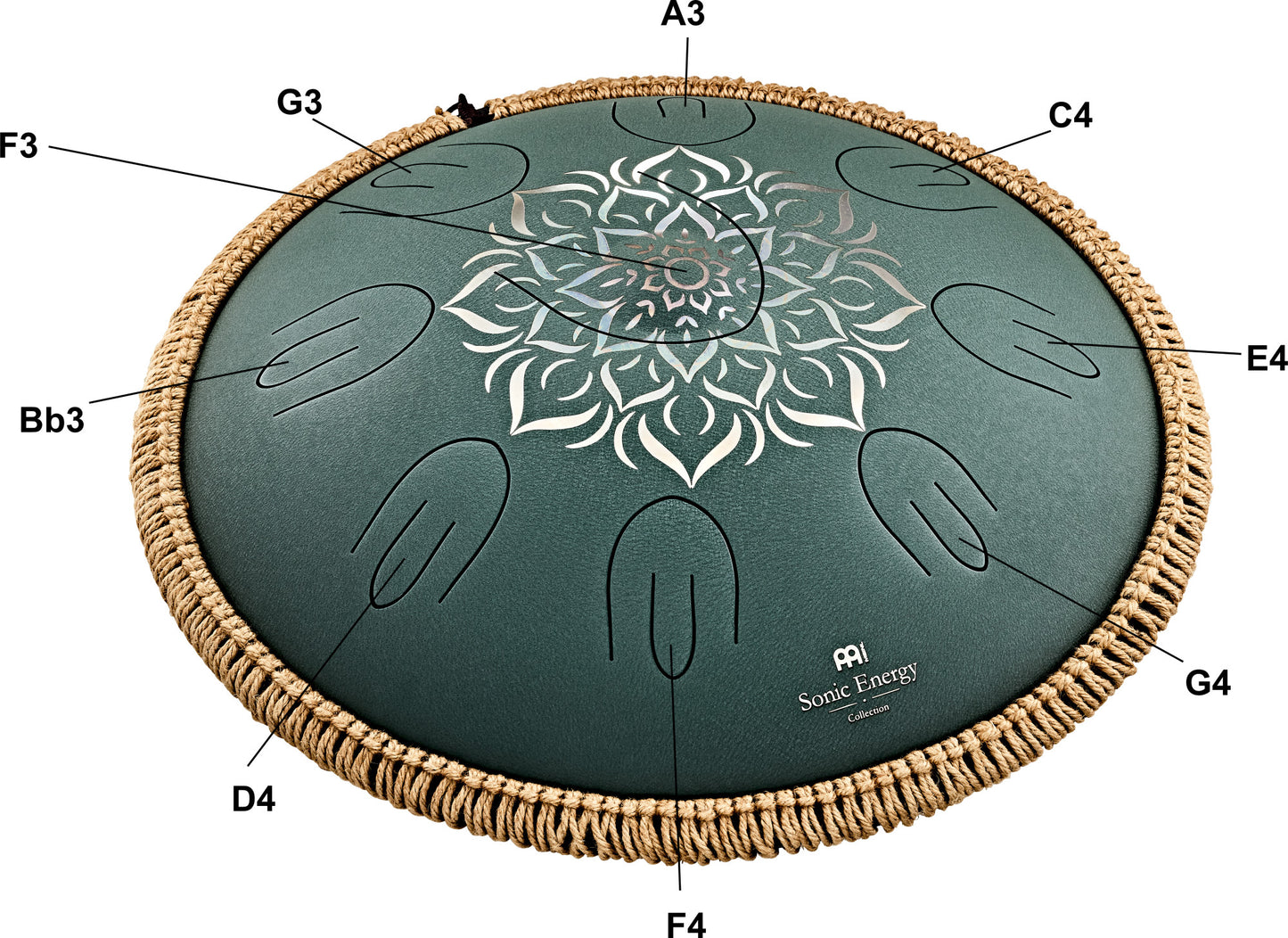 MEINL Sonic Energy Octave Steel Tongue Drum 16" - F Major/9 Notes/432 Hz - Dark Green, Engraved detail view 9 at Luna Panther