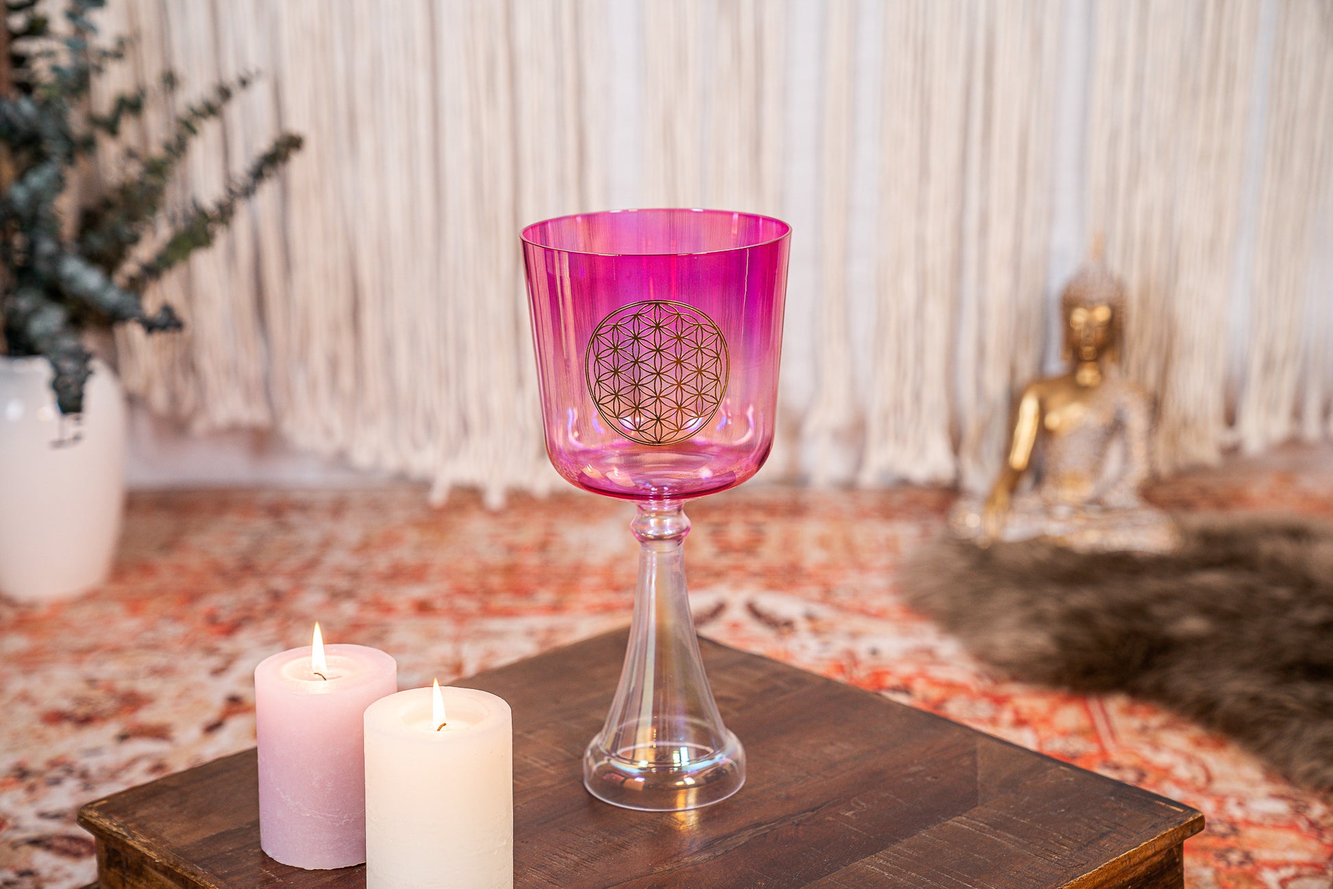 MEINL Sonic Energy Crystal Singing Chalice 6" - F4/Heart Chakra/440 Hz - Flower of Life/Pink detail view 2 at Luna Panther