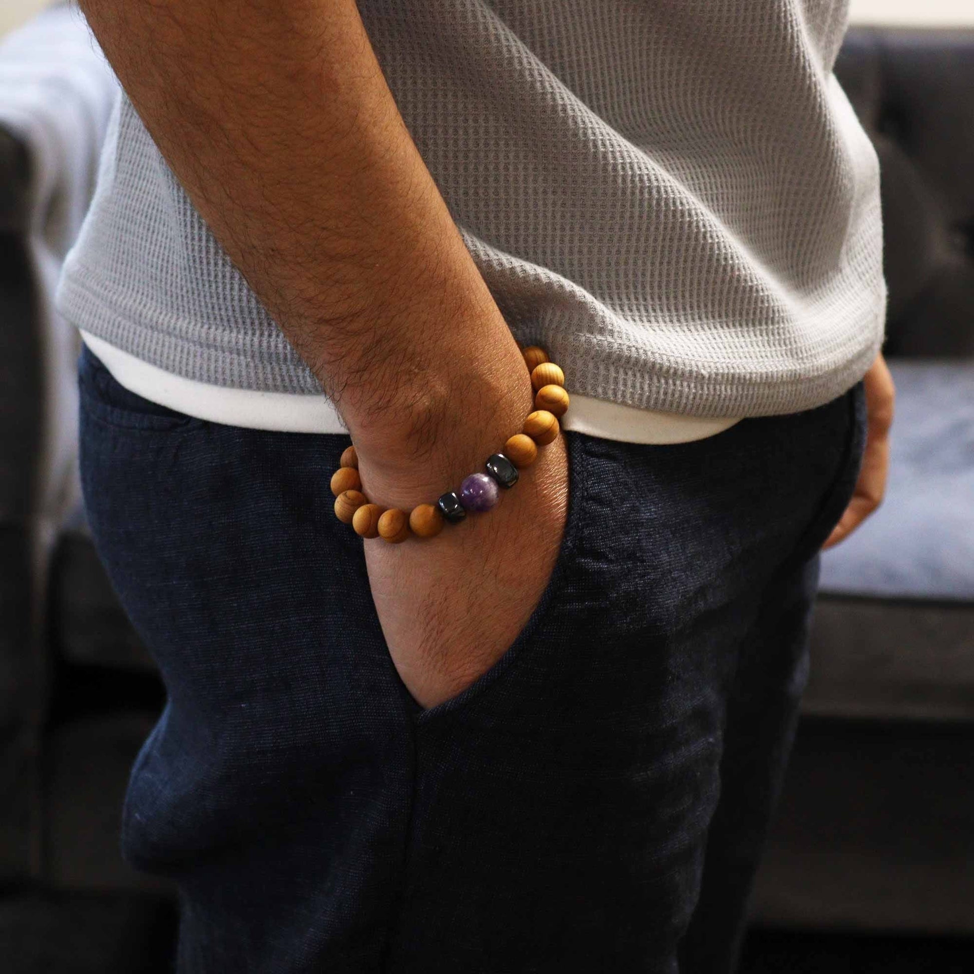 Cedarwood Third Eye Chakra Bangle with Amethyst - Luna Panther