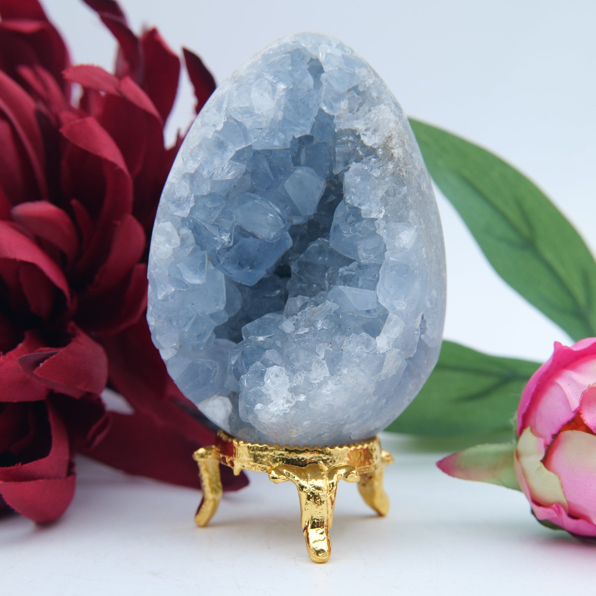 Polished Celestite Crystal Egg 354g featuring pale sky-blue tone and soft translucence - Luna Panther