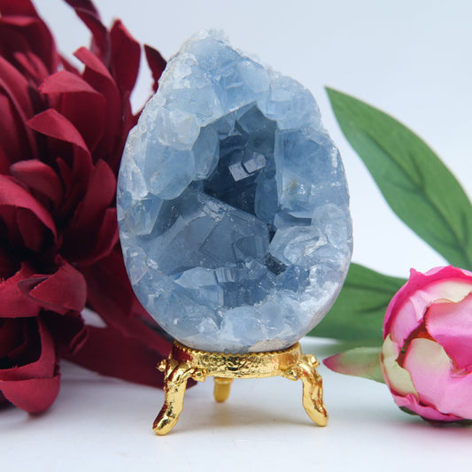 Polished Celestite Crystal Egg 368g featuring pale sky-blue tone and soft translucence - Luna Panther