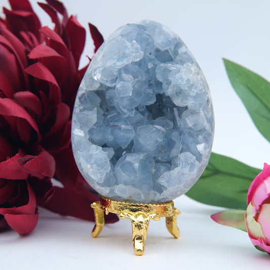 Polished Celestite Crystal Egg 454g featuring pale sky-blue tone and soft translucence - Luna Panther