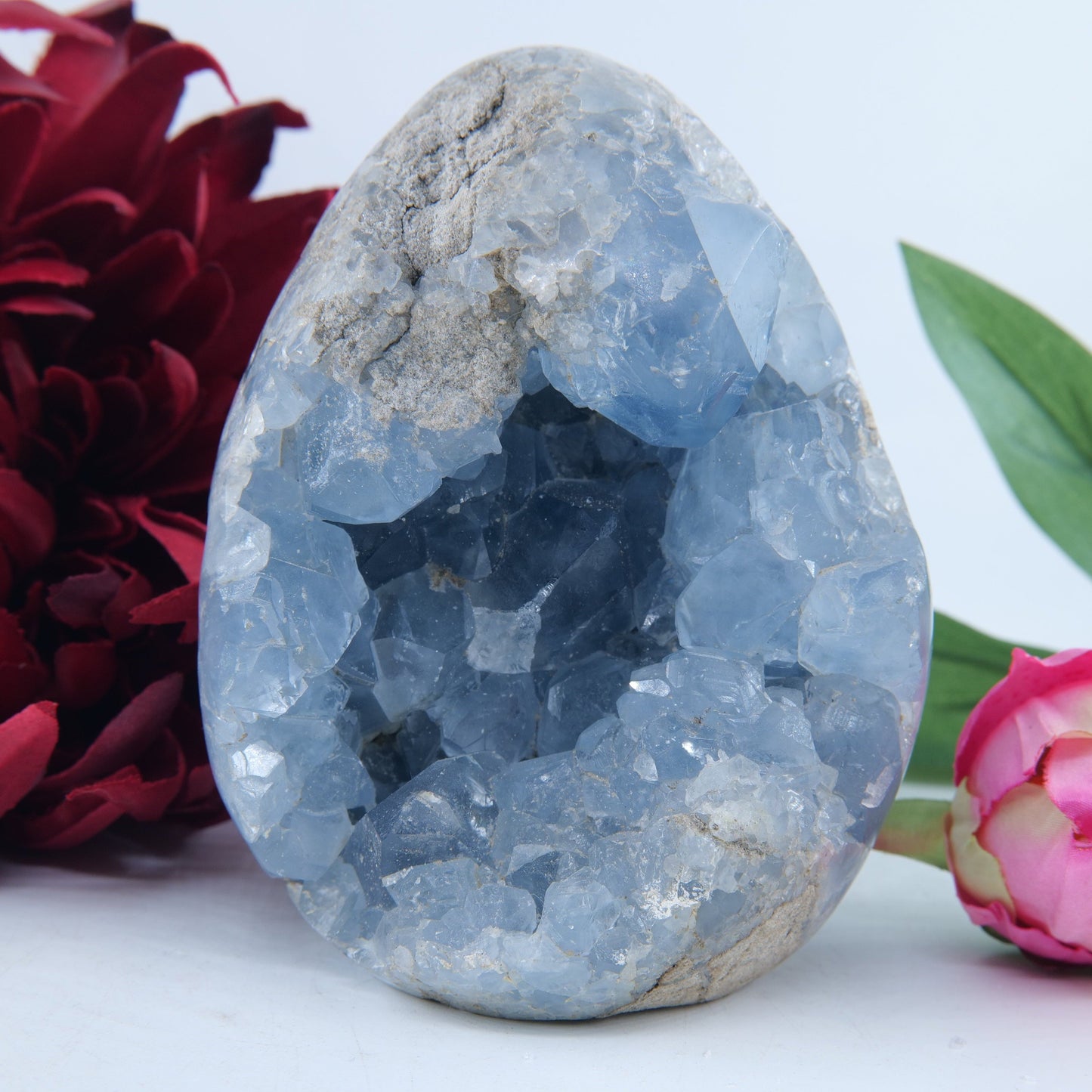 Polished Celestite Crystal Egg Free Standing 986g featuring pale sky-blue tone and soft translucence - Luna Panther