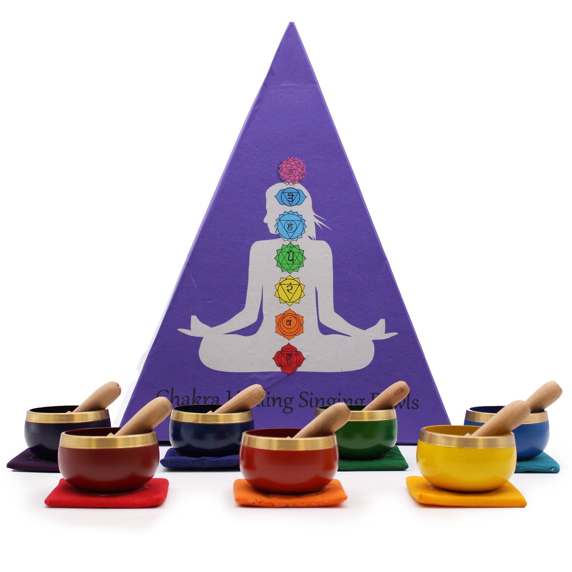 Polished Chakra Pyramid Singing Bowl Gift Set featuring natural patterning and unique variations - Luna Panther