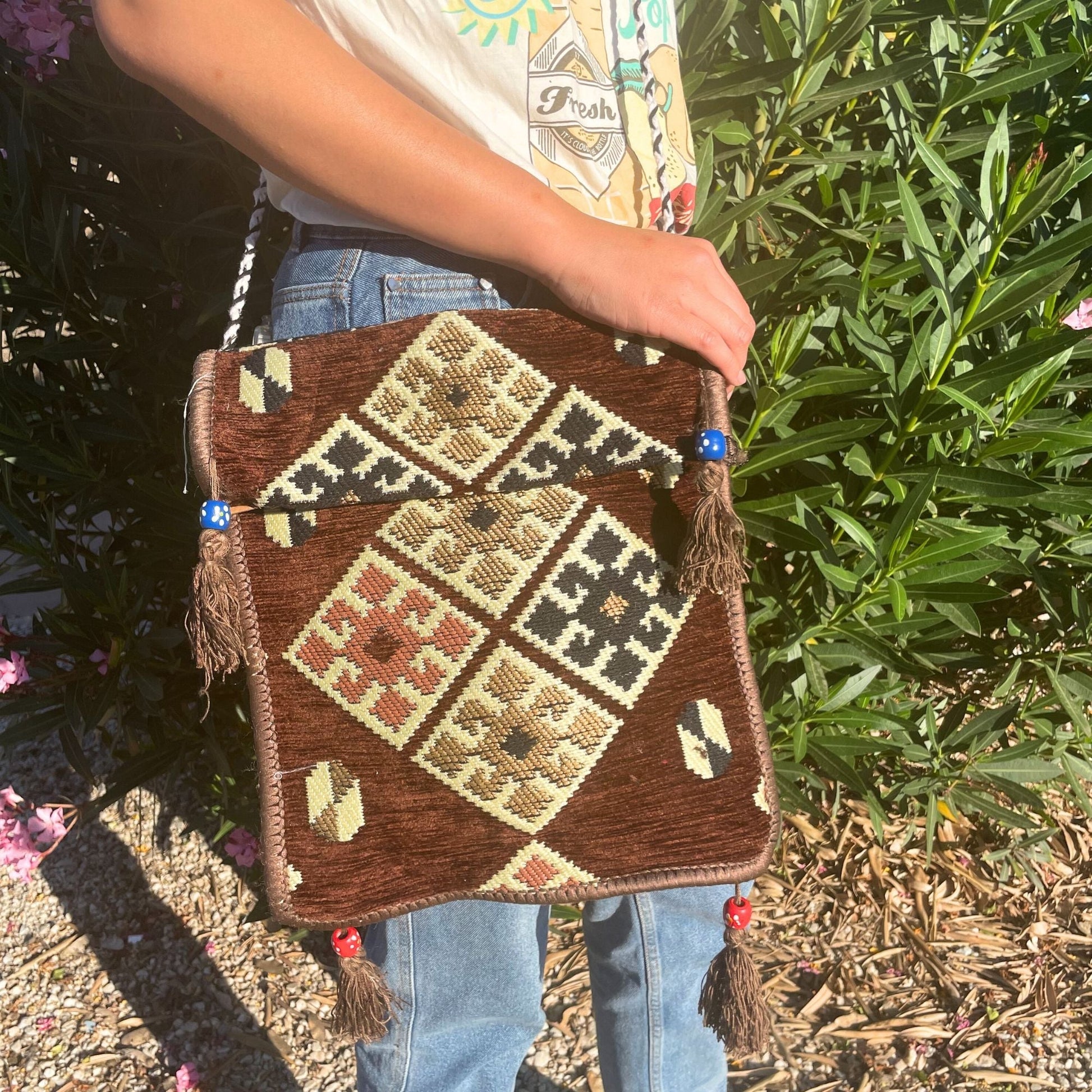 Polished Chocolate Kilim Messenger Festival Bag featuring natural patterning and unique variations - Luna Panther
