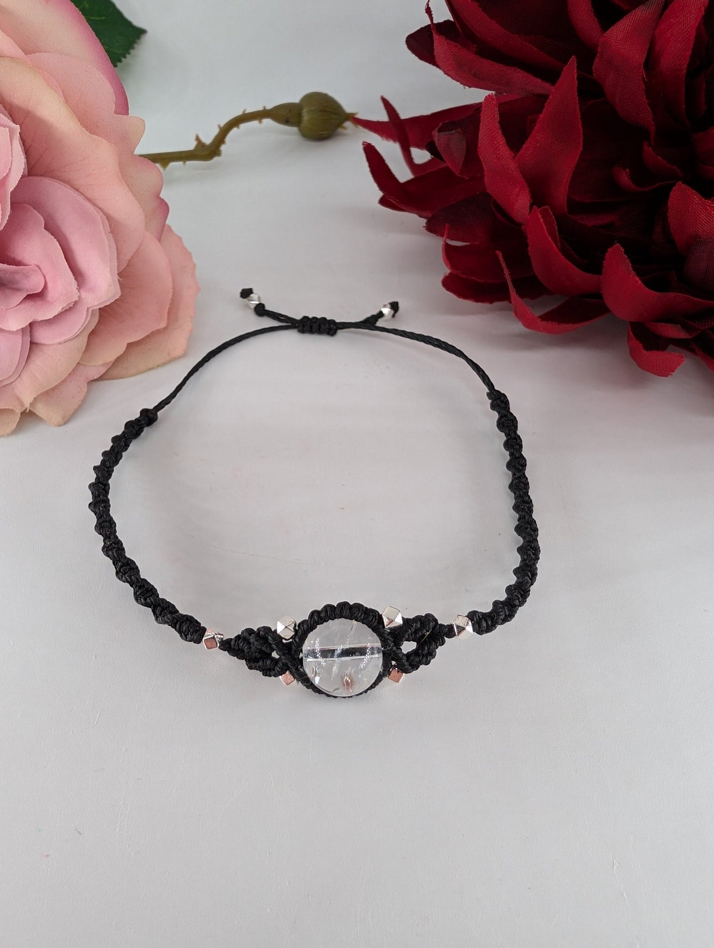 Polished Clear Quartz Black Micro Macrame Bracelet featuring clear transparency and light-catching facets - Luna Panther