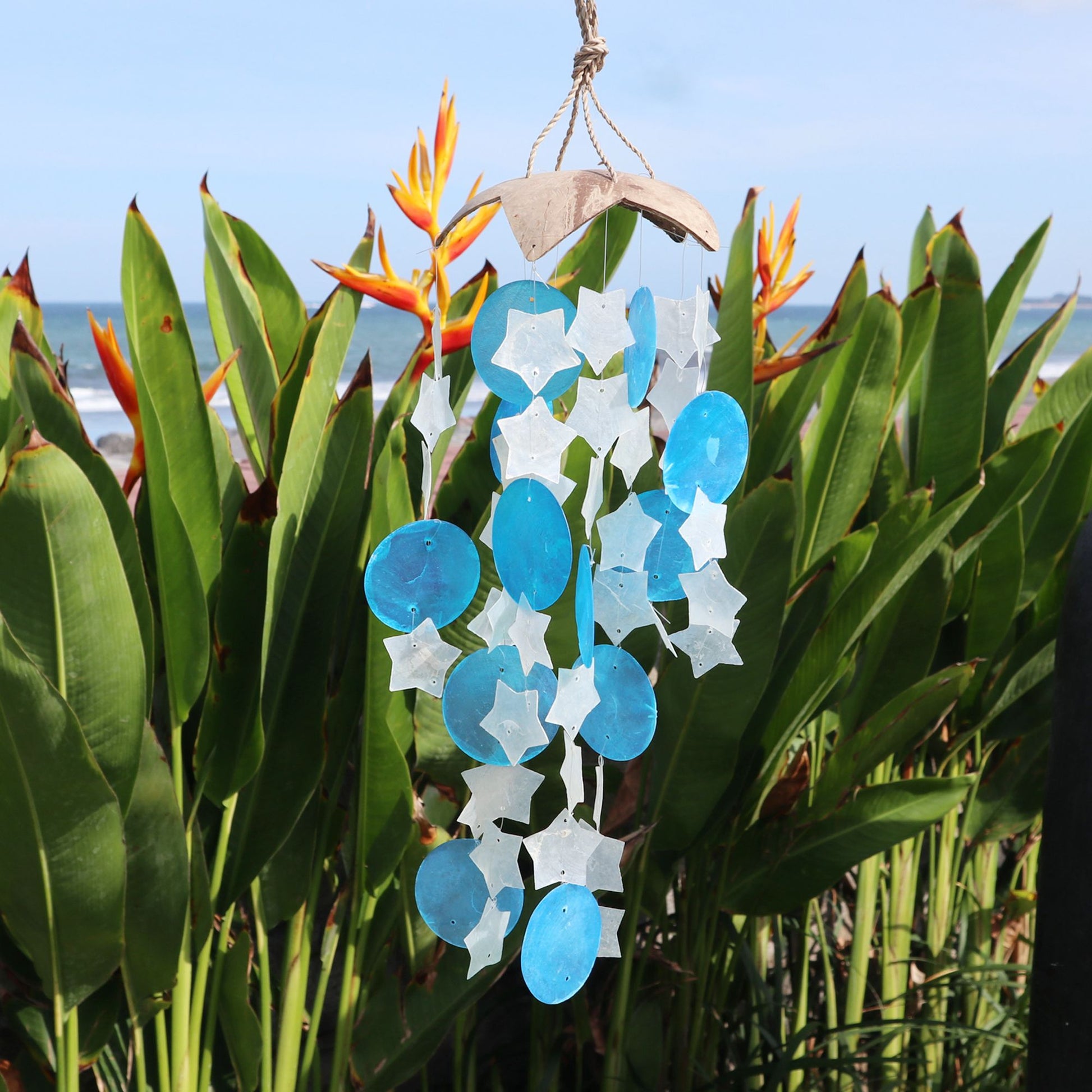 Coconut & Capiz Wind Chimes - Blue and White Stars - 30cm - Luna Panther