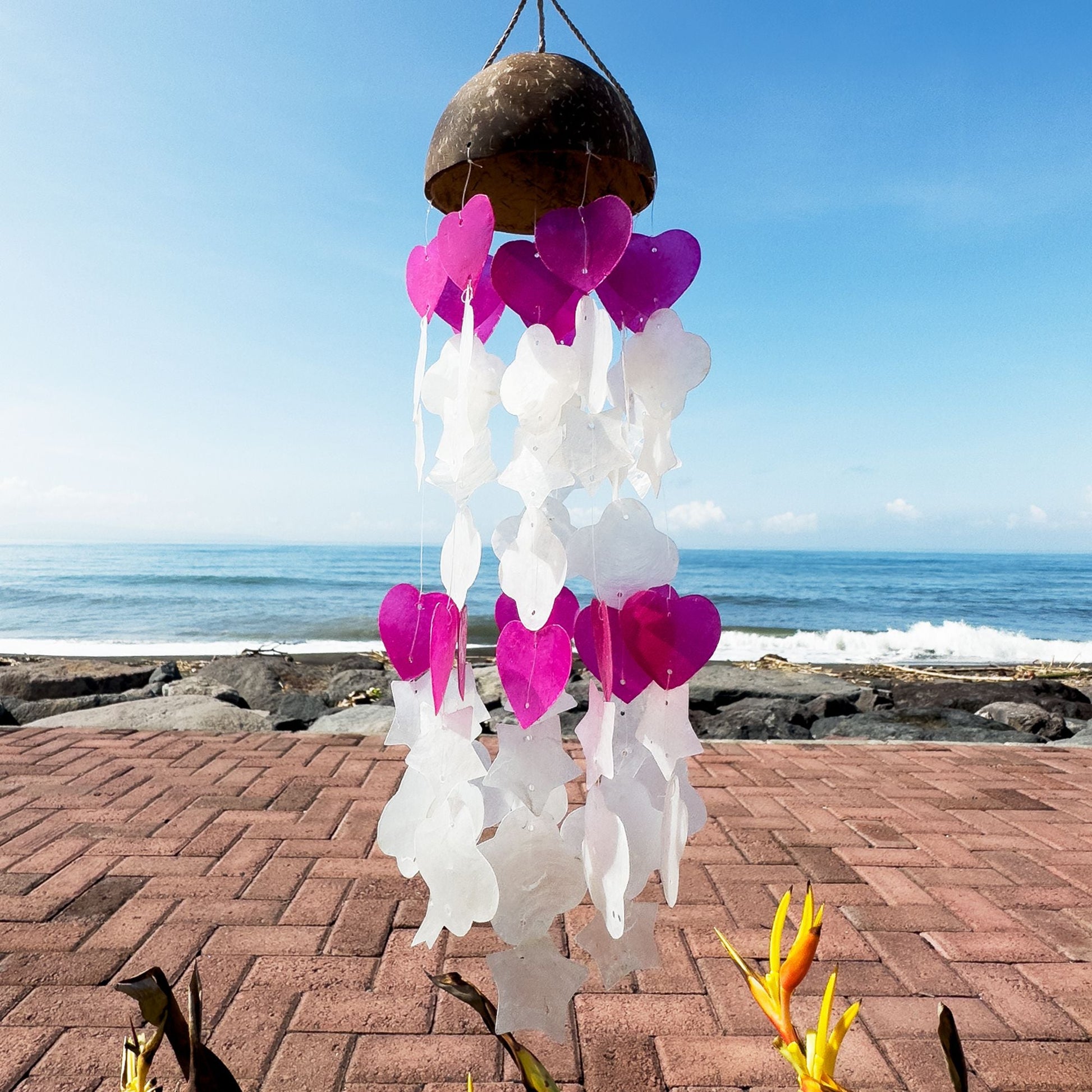 Coconut & Capiz Wind Chimes - Pink and White Mix Shapes - 35cm - Luna Panther