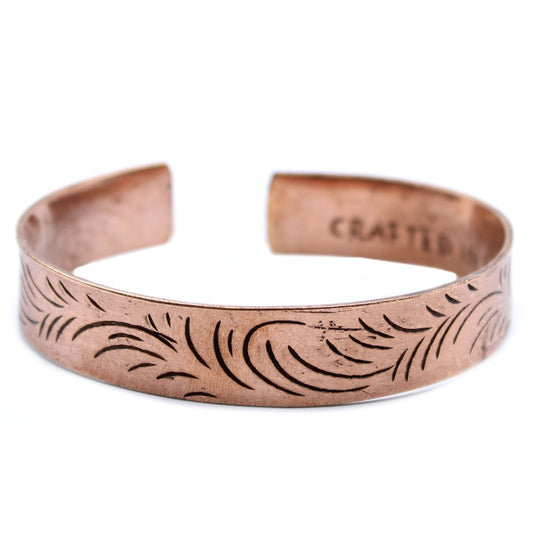 Polished Copper Tibetan Bracelet - Wide Tribal Swirls featuring natural patterning and unique variations - Luna Panther