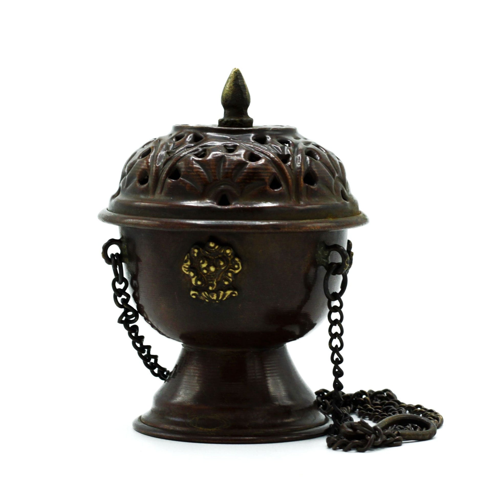 Polished Copper Tibetan Incense Burner - Classic Hanging featuring natural patterning and unique variations - Luna Panther